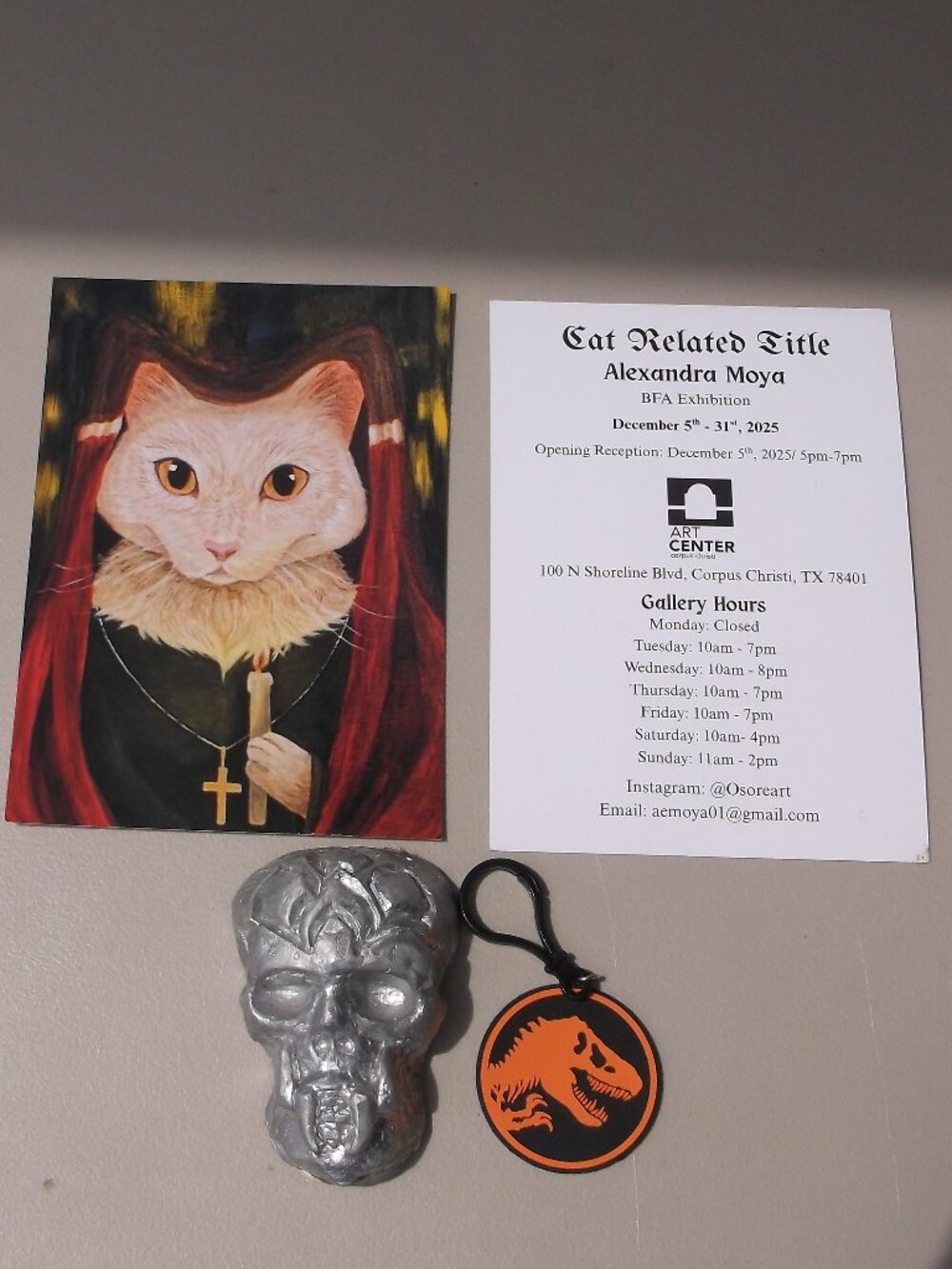Metal Skull Sculpture - Two Gothic Cat Icon Prints - Tee-Rex bag clip/key chain
